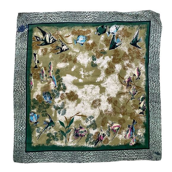 Vintage Accessories - Vintage Square Fish Scarf 33" Green Cream Brown Multi Countryside Old Money